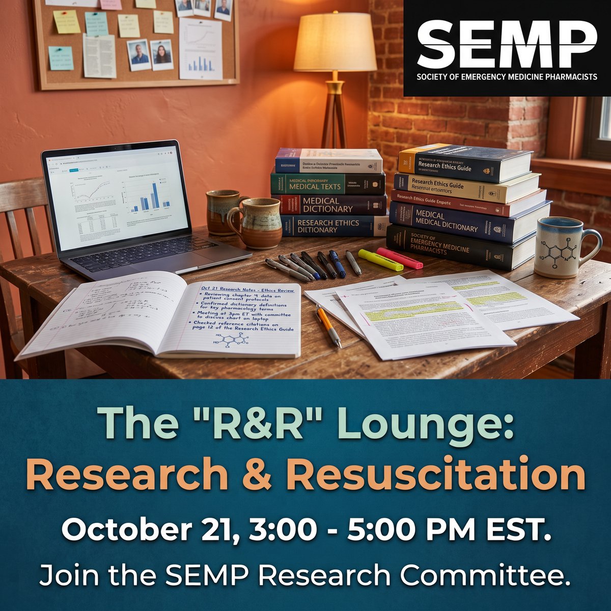 EMpharmacists's tweet photo. Need a push on your research project?

Let's be real—the hardest part of research is often just finding the time to do it. That's why we’re launching The "R&R" (Research & Resuscitation) Lounge! 🩺☕

Come hang out with the SEMP Research Committee for a dedicated accountability session on October 21 from 3:00-5:00 PM EST.

Join us to get focused writing time, ask for feedback on tricky sections, or just get that final review done to push your project across the finish line. We’re here to support you in improving your research skills and completing those projects!

When: October 21, 2026, 3-5 PM EST 

Where: https://t.co/vyOZ3S9IYN

What to Bring: Your current research draft, a cup of coffee, and questions!

Let's get those publications and posters done! #SEMP #ResearchAccountability #EmergencyMedicine #EMPharmacists #PharmacyResearch #WorkProgress #GetItDone