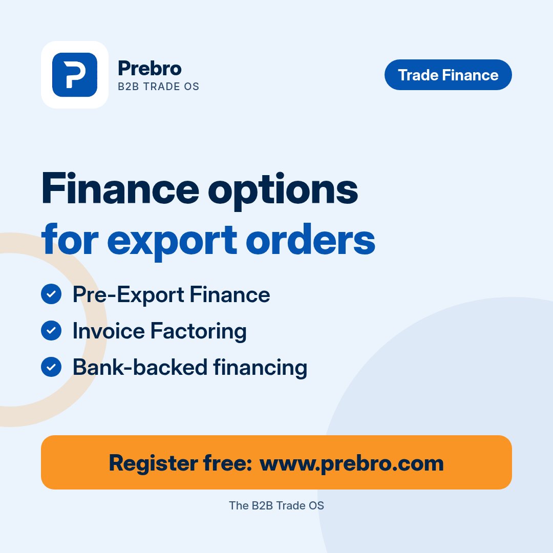 prebrocom's tweet photo. A large export order that needs working capital before shipment?

Trade Finance on Prebro for factories and exporters: bank-backed financing, including Pre-Export Finance and Invoice Factoring.

Register free: https://t.co/XhhOc5lEw0 https://t.co/dhCNh89fxo