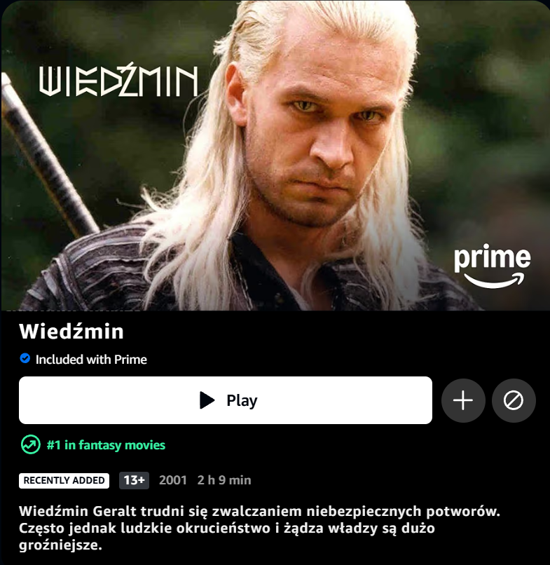Marcin360's tweet photo. If you're in the mood for some peak cinema, looks like Amazon Prime recently added the original Witcher movie in Poland. I know what I'm doing tonight. https://t.co/wyLi7XqNDn