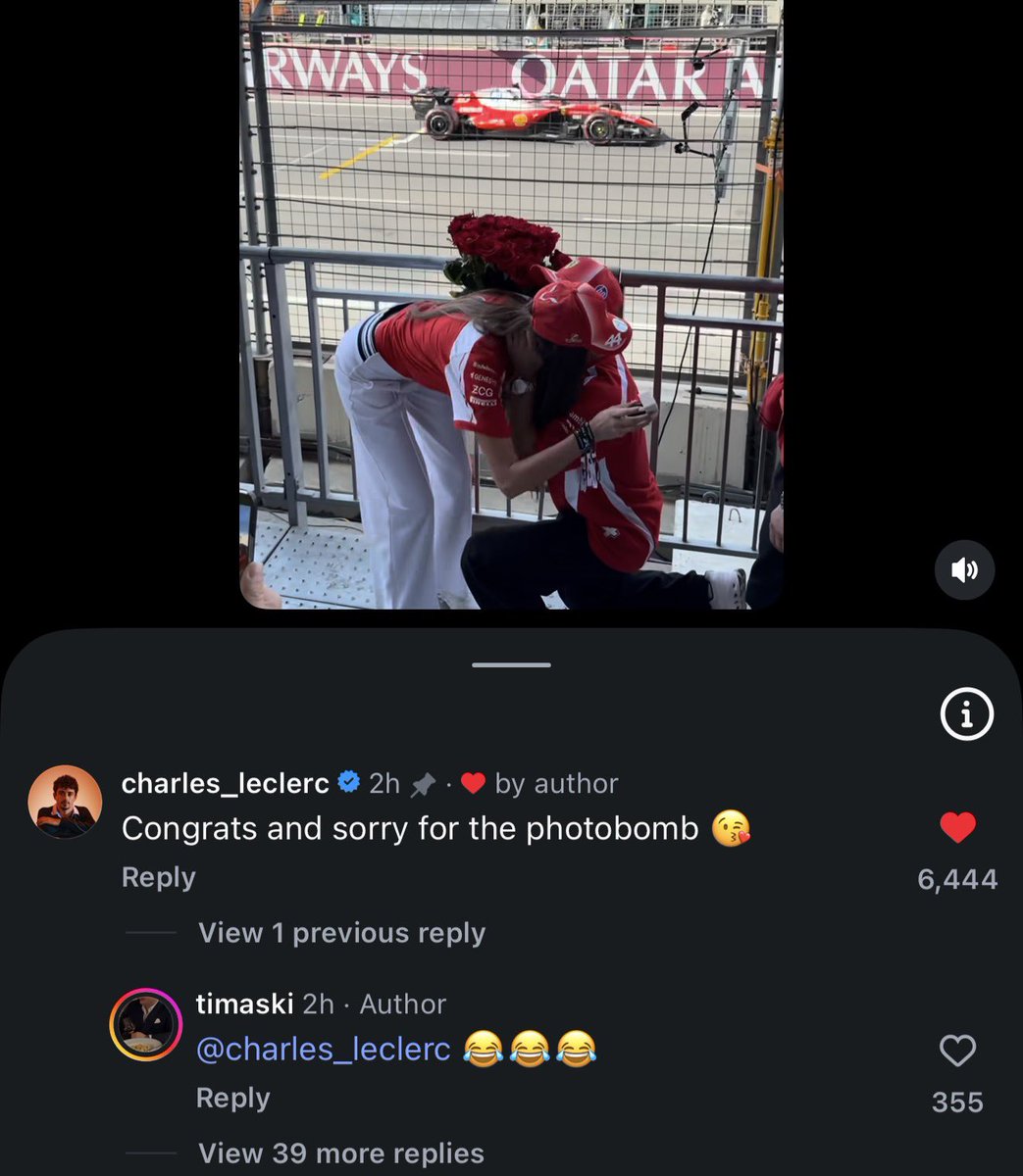sainzzleclerc's tweet photo. A couple got engaged in a GP and Charles congratulated them, apologizing for "photobombing" them. 

He's so funny 😭😭😭 https://t.co/kbvQUWJvSY