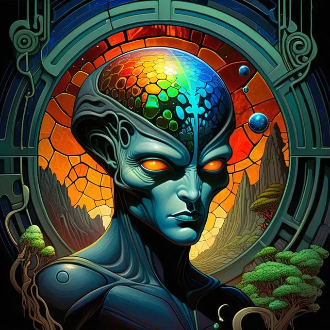 A vibrant, stained-glass-style illustration of a teal-skinned alien with glowing orange eyes and a colorful, scaled head.
