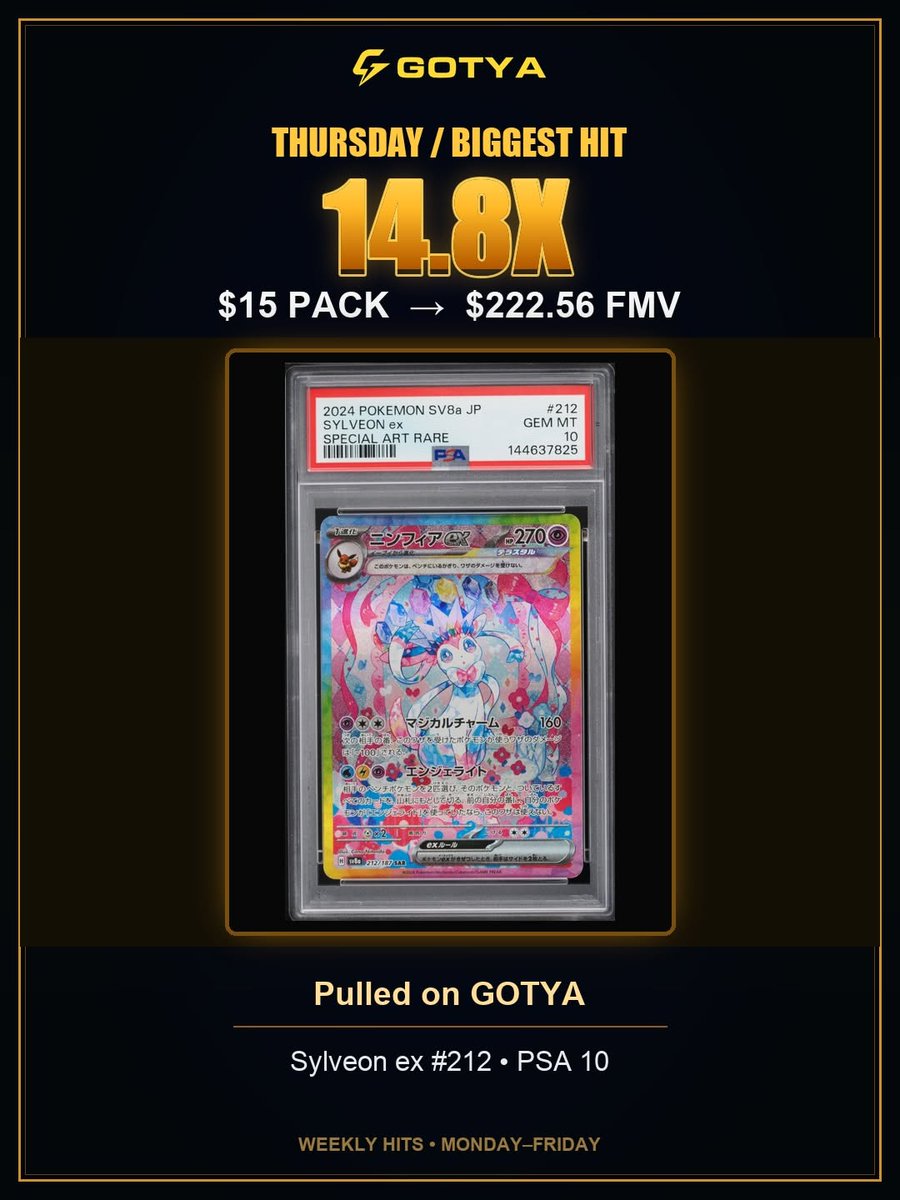 GotyaOfficial's tweet photo. 4 massive pulls. 
Another week, another lineup of huge GOTYA hits. 
From insane Pokémon pulls to some serious value — this week delivered. 

Which pull takes the #1 spot for you?
Rip a pack. Hit something big.

#GOTYA #PokemonCards #PokemonTCG #PokemonPulls https://t.co/WCccOjZYYh