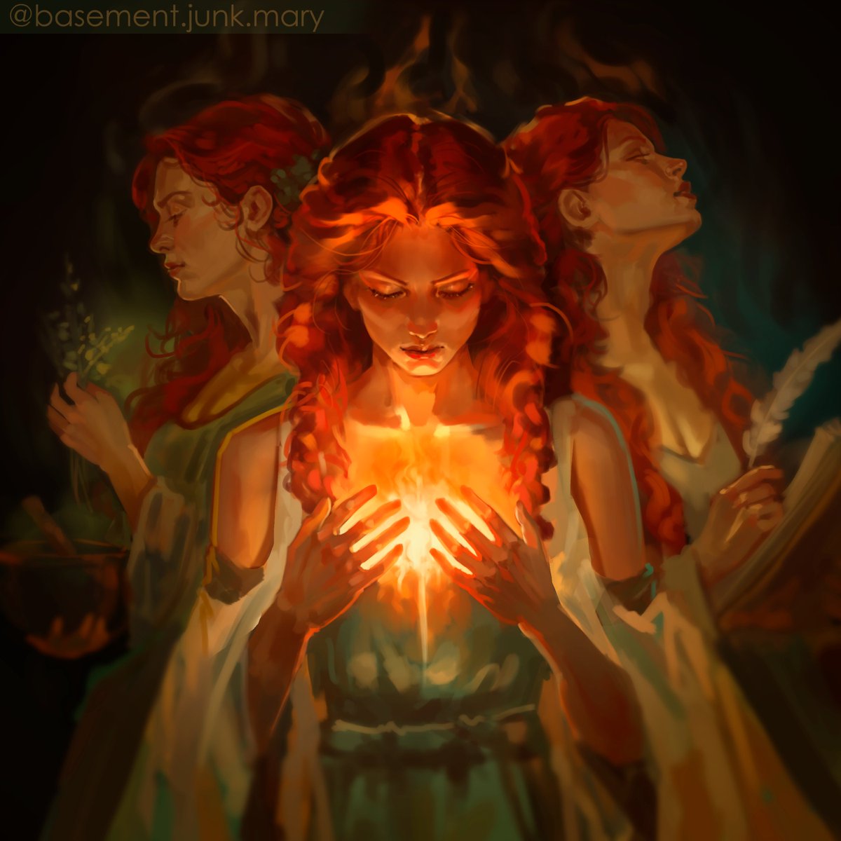 b_j_mary's tweet photo. The third theme of the mythological Inktober is “fire.” Since Inktober is dedicated to Celtic mythology, I decided to depict the three‑faced goddess Brigid, who embodies fire.

#inktober #inktober2026 #digitalart https://t.co/WgZ8ZMEWJt