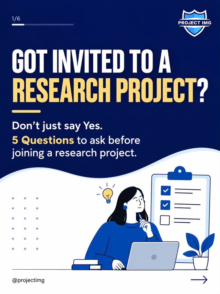 ProjectImg's tweet photo. 🔎 Before saying yes to a research opportunity, understand the project, your responsibilities, and how credit will be assigned. Clear expectations help protect your time and build better collaborations. Share this with someone starting their first project. https://t.co/NooRvuYVyl