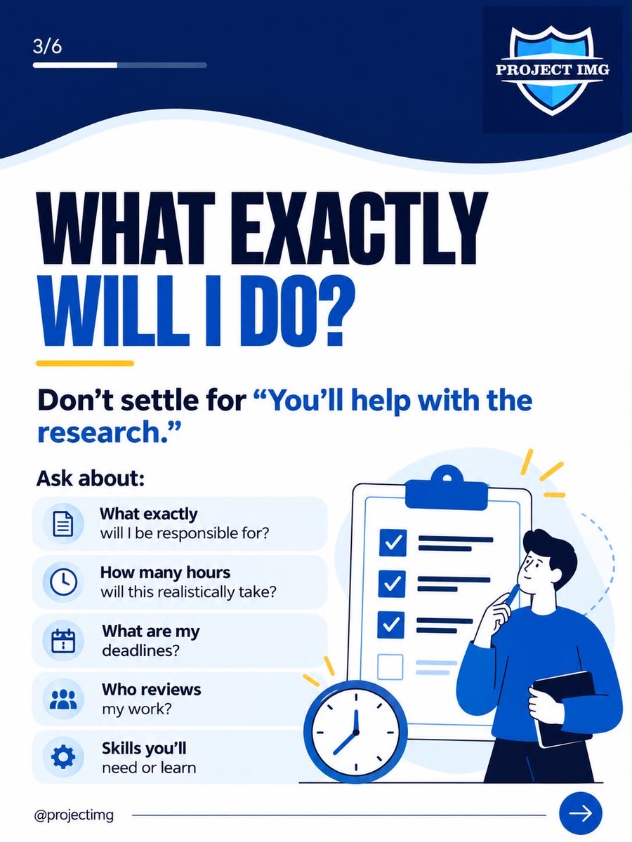 ProjectImg's tweet photo. 🔎 Before saying yes to a research opportunity, understand the project, your responsibilities, and how credit will be assigned. Clear expectations help protect your time and build better collaborations. Share this with someone starting their first project. https://t.co/NooRvuYVyl