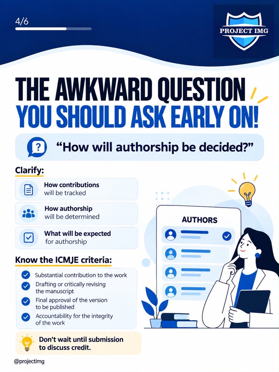 ProjectImg's tweet photo. 🔎 Before saying yes to a research opportunity, understand the project, your responsibilities, and how credit will be assigned. Clear expectations help protect your time and build better collaborations. Share this with someone starting their first project. https://t.co/NooRvuYVyl