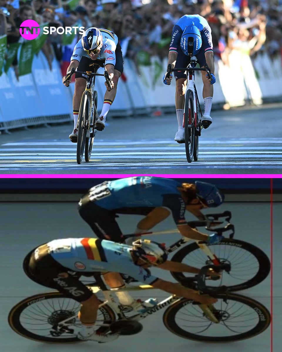 cyclingontnt's tweet photo. HOW CLOSE WAS THAT!? 

This is the margin that decided the European Championships between Remco Evenepoel and Giulio Ciccone 🤯📸 https://t.co/1Z0KvBXpot
