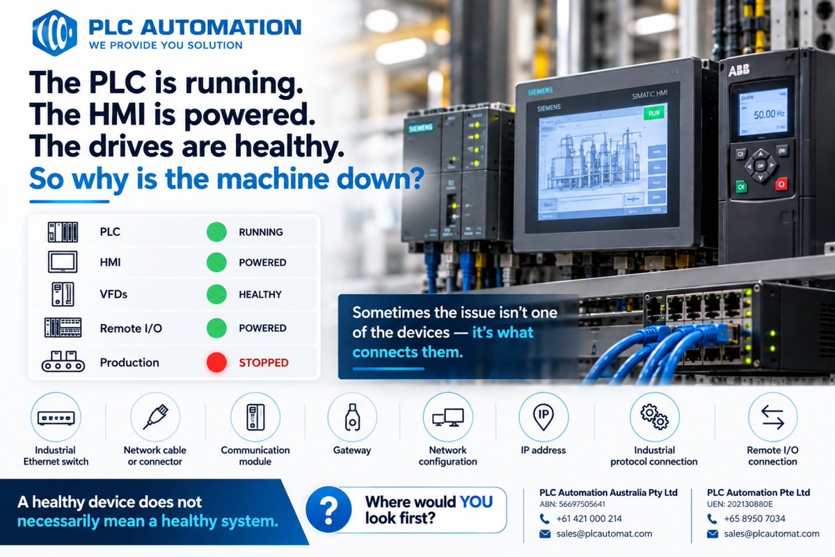 plcautomation_'s tweet photo. ⚠️ PLC running. HMI powered. Drives healthy.
Machine stopped.

The problem may not be the device, it may be the network connecting them.

Switches, cables, IP conflicts, remote I/O or PROFINET/EtherNet/IP communication can all be the culprit.

Healthy devices ≠ healthy system. https://t.co/ZjlTuVNEBb