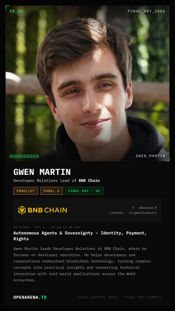 OpenArena_To's tweet photo. Meet @Gwenole_M — Panel: Autonomous Agents &amp; Sovereignty.

Leading DevRel at @BNBCHAIN — turning complex stack ideas into practical paths for builders.

15:10–15:40 · Final Day · CHIJMES https://t.co/CMx61iyQnL
