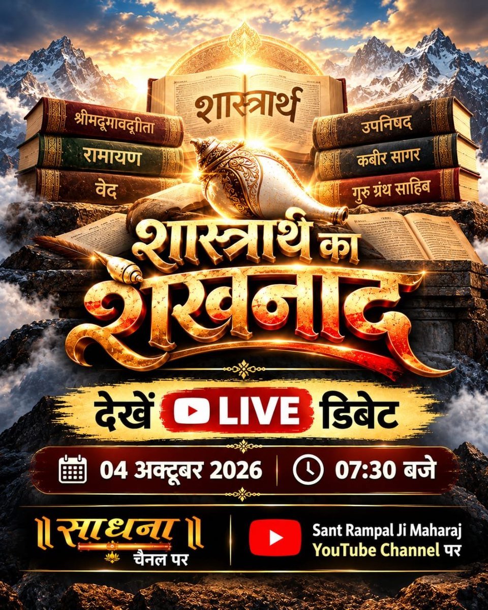 AnkitaB2452000's tweet photo. #शास्त्रार्थ_का_शंखनाद_क़िस्त2
ऐतिहासिक डिबेट का सीधा प्रसारण: 4 अक्टूबर शाम 7:30 से 9:30 बजे साधना TV चैनल पर।
Live on Sant Rampal Ji Yt https://t.co/avDPYTSHfn