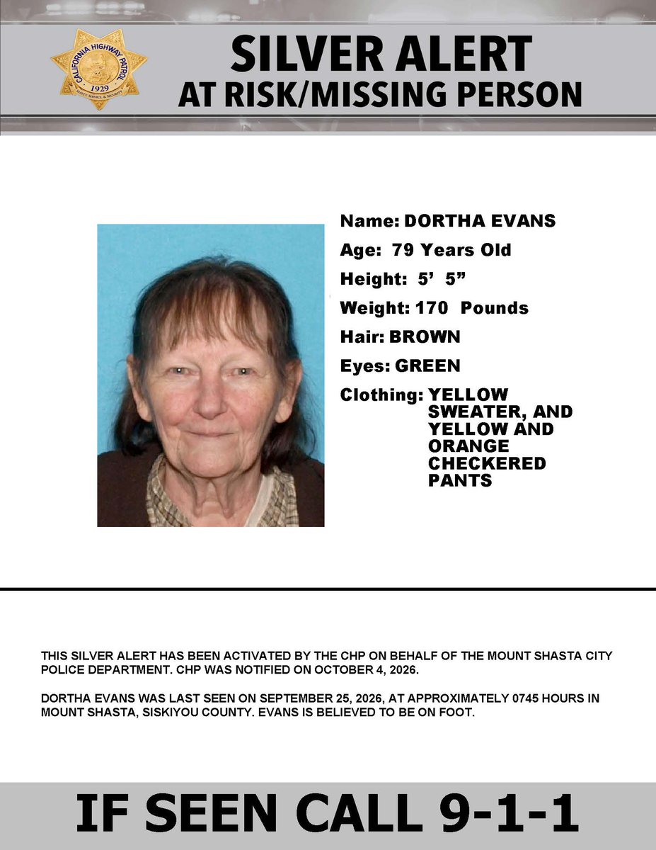 CHPAlerts's tweet photo. SILVER ALERT - Siskiyou County
Last seen: Kingston Road and Lassen Lane, Mount Shasta
@mtshastapd

IF SEEN, CALL 9-1-1 https://t.co/fIxiFXZ9r0