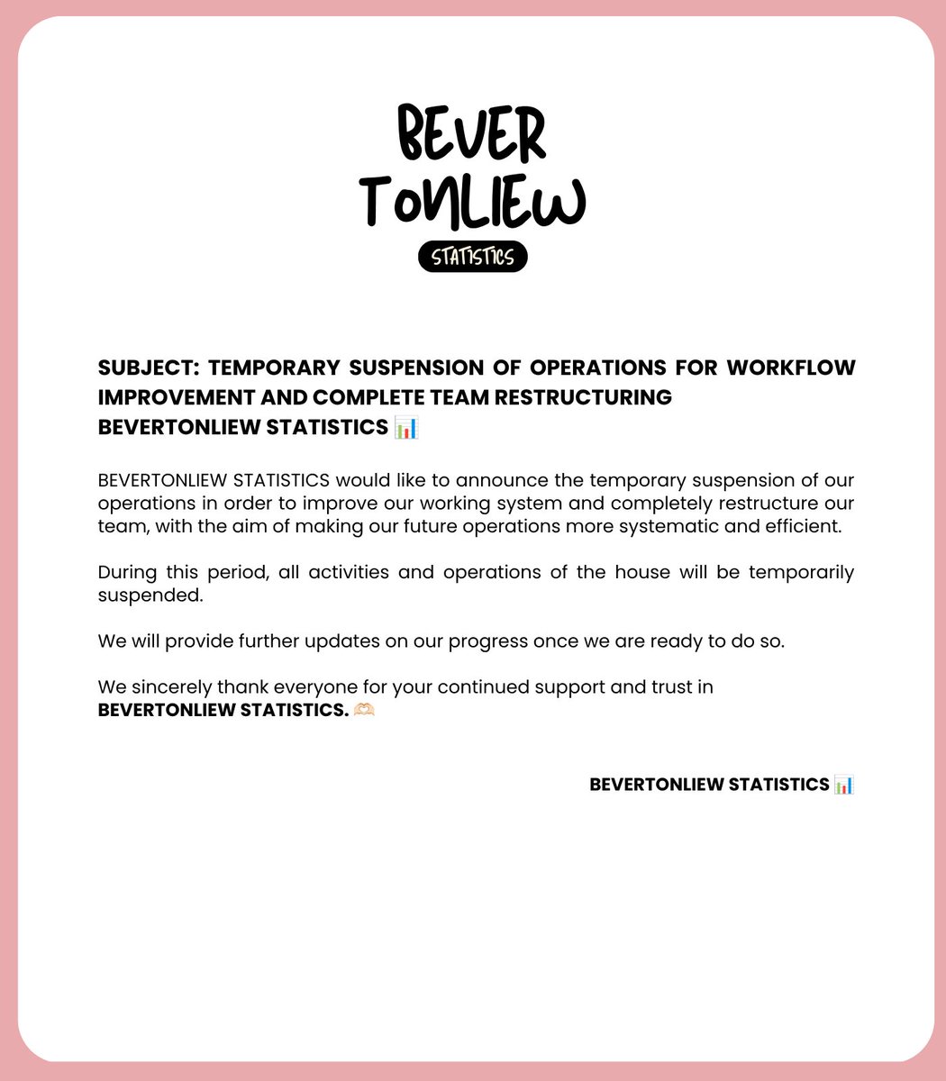 BVTLStatistics's tweet photo. 📢 ประกาศจาก BeverTonliewSTATISTICS📊

เรื่อง แจ้งปิดการดำเนินงานชั่วคราว เพื่อปรับปรุงรูปแบบการทำงาน และจัดโครงสร้างทีมงานใหม่ทั้งหมด

#BeverTonliewSTATISTICS https://t.co/I9wDtmXlCv