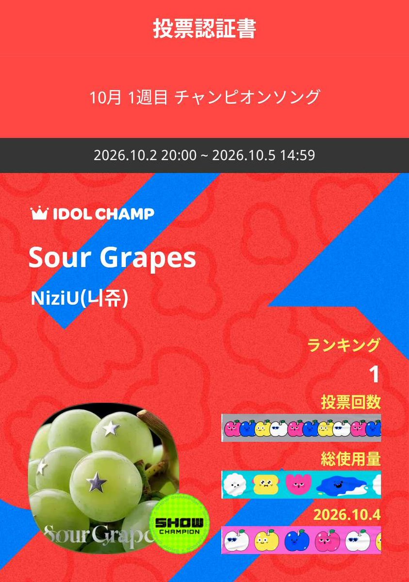 Rf0414f's tweet photo. IDOLCHAMP 아이돌챔프
Sour Grapes NiziU(니쥬) 투표 완료🗳️
#NiziU #SourGrapes #NiziU_SourGrapes https://t.co/lTxOImG3El