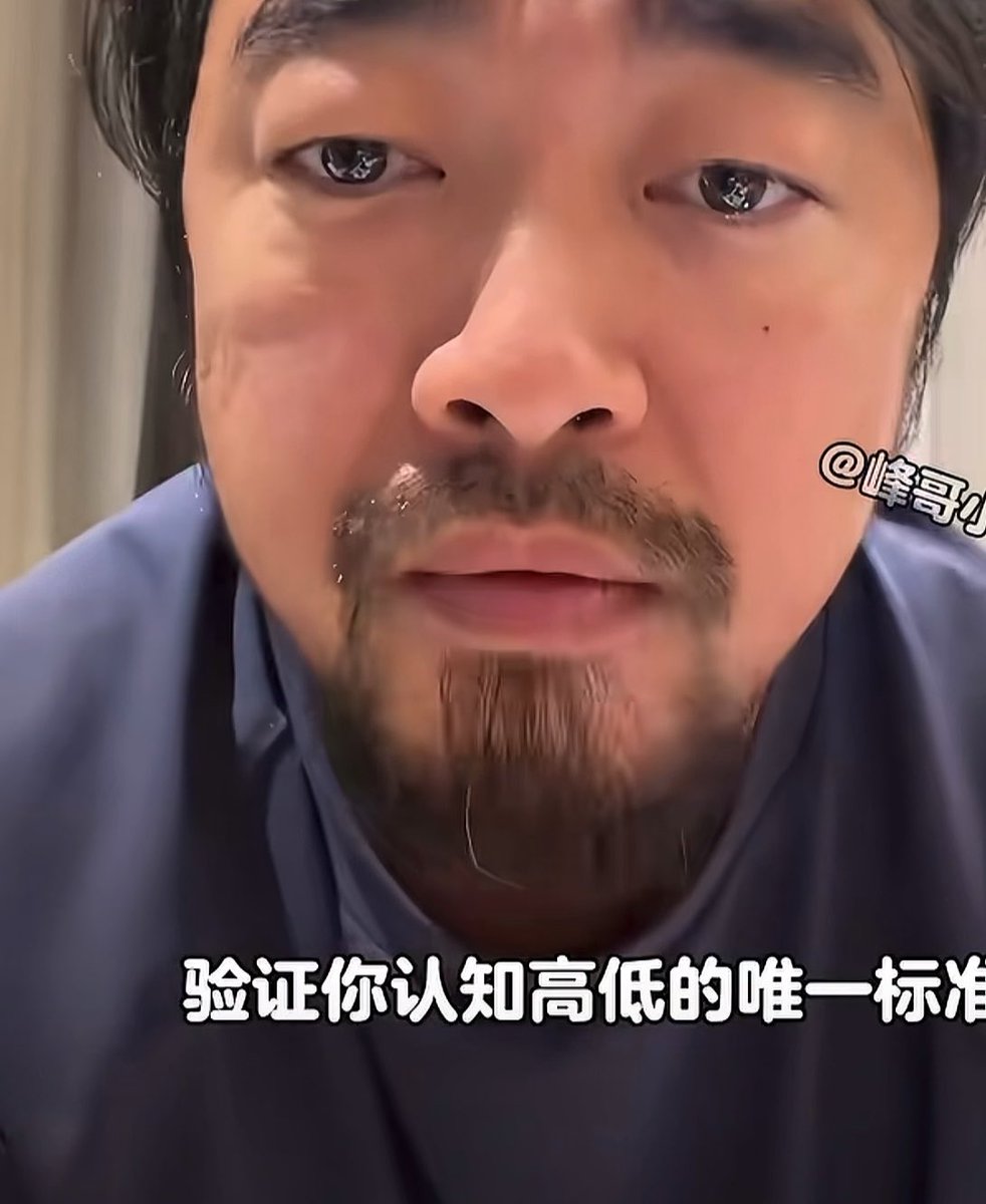 A close-up of a man with a beard crying, with Chinese text reading '验证你认知高低的唯一标准' (the only standard to verify your level of cognition) and a watermark '@峰哥'.