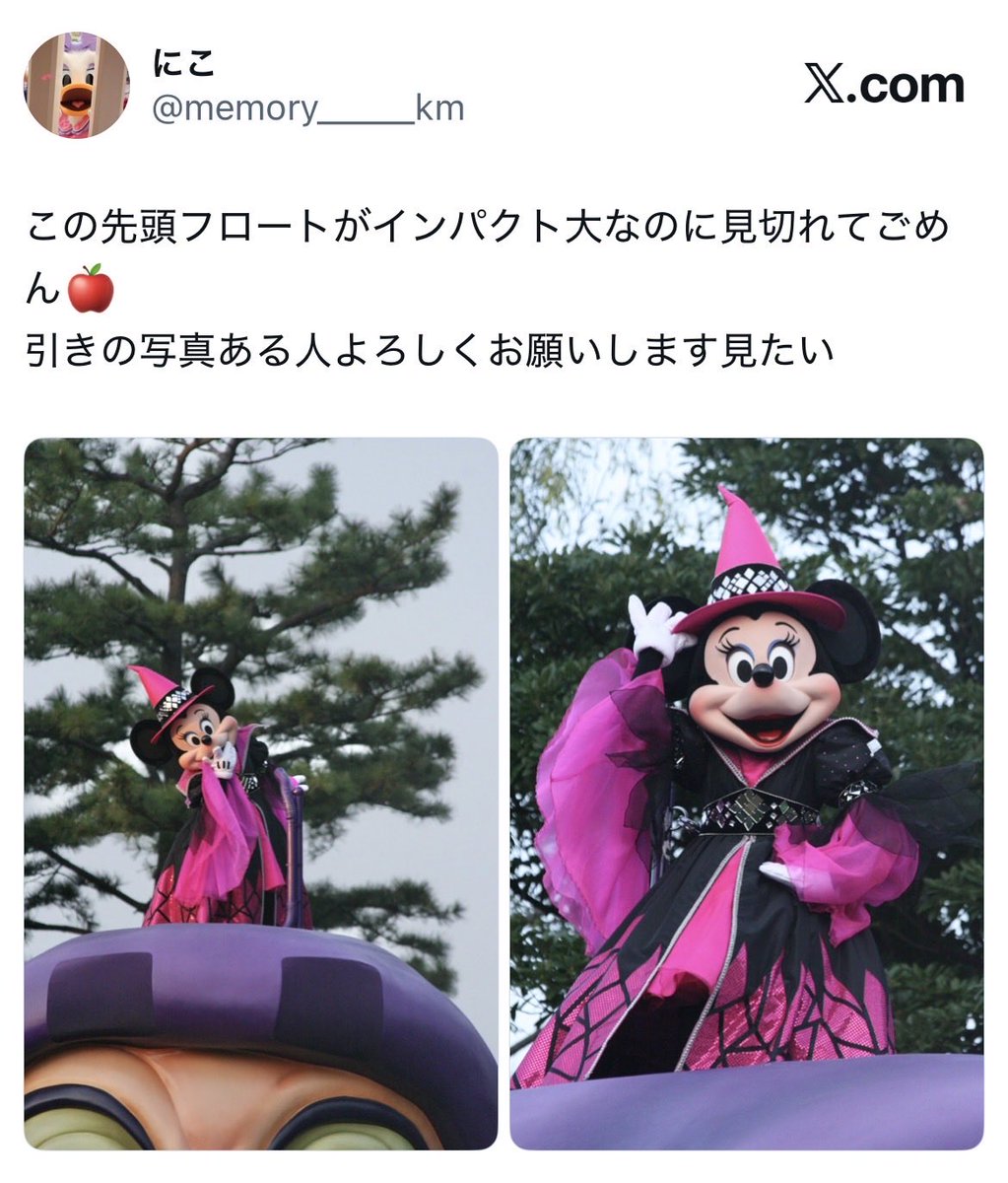 memory_____km's tweet photo. 載せてくださってる！🍎ありがとうございます！
本当にすごいフロート😂
今回このフロートに乗ってくださいって言われた時のミニーちゃんの気持ち知りたいよ https://t.co/97iEfBNxTC