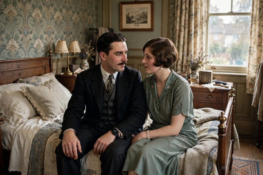 666FreedomRing's tweet photo. It's 1920.  couple is having a sweet conversation in their bedroom. Everything looks perfectly vintage  except for ONE modern object that doesn't belong to this era.

 Can you find it? https://t.co/Uv4Hk20fhu