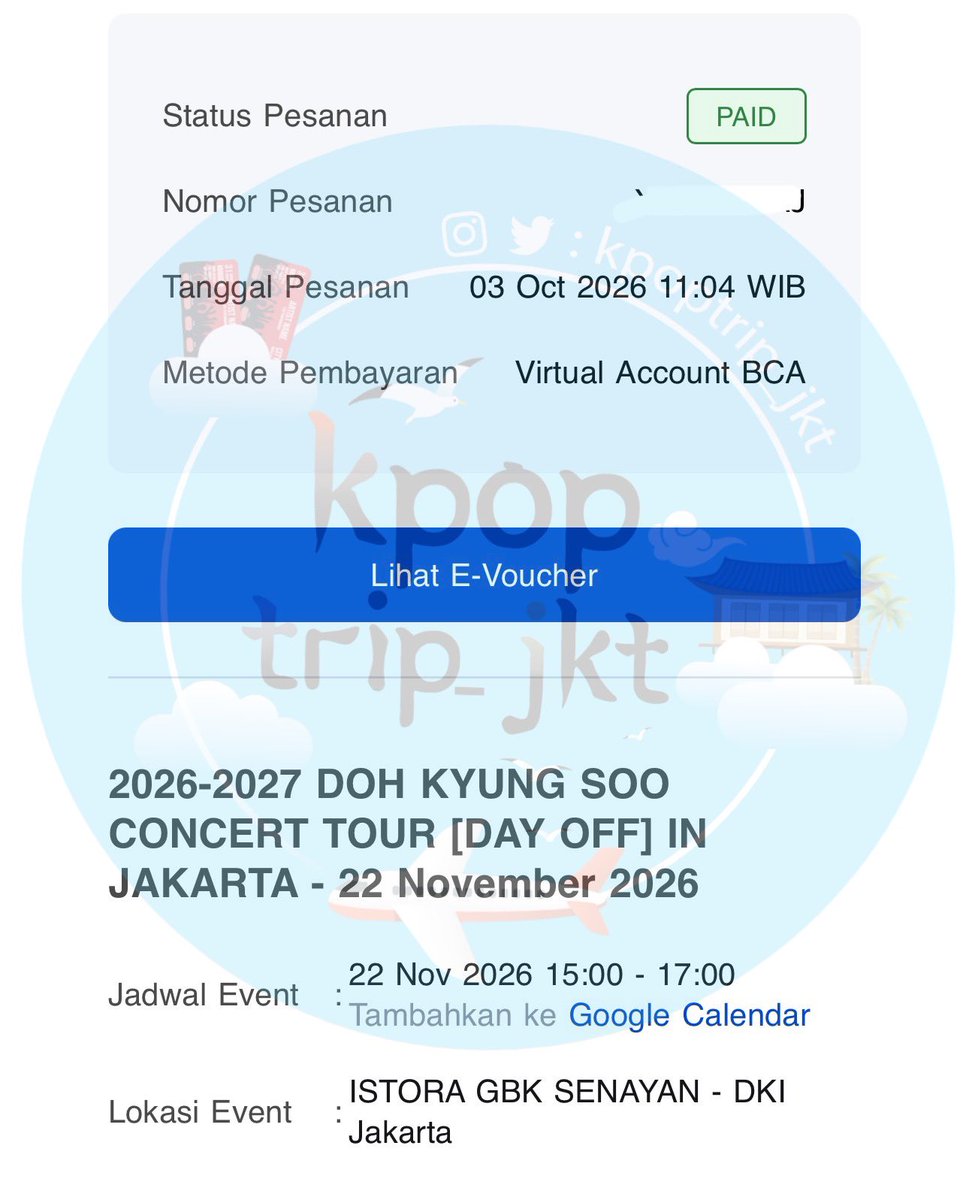 kpoptrip_jkt's tweet photo. WTS // JUAL TIKET 

2026-2027 DOH KYUNG SOO CONCERT TOUR [DAY OFF] IN JAKARTA - 22 November 2026 - DAY2 Minggu

📍 CAT 1 B
💰 Rp3.445.000
✅ bisa cicilan sampe hari h konser
✅ masuk grup whatsapp &amp; diurus sampai wristband 

WA https://t.co/EEsiih0m3K https://t.co/ZX8QpMwNVK