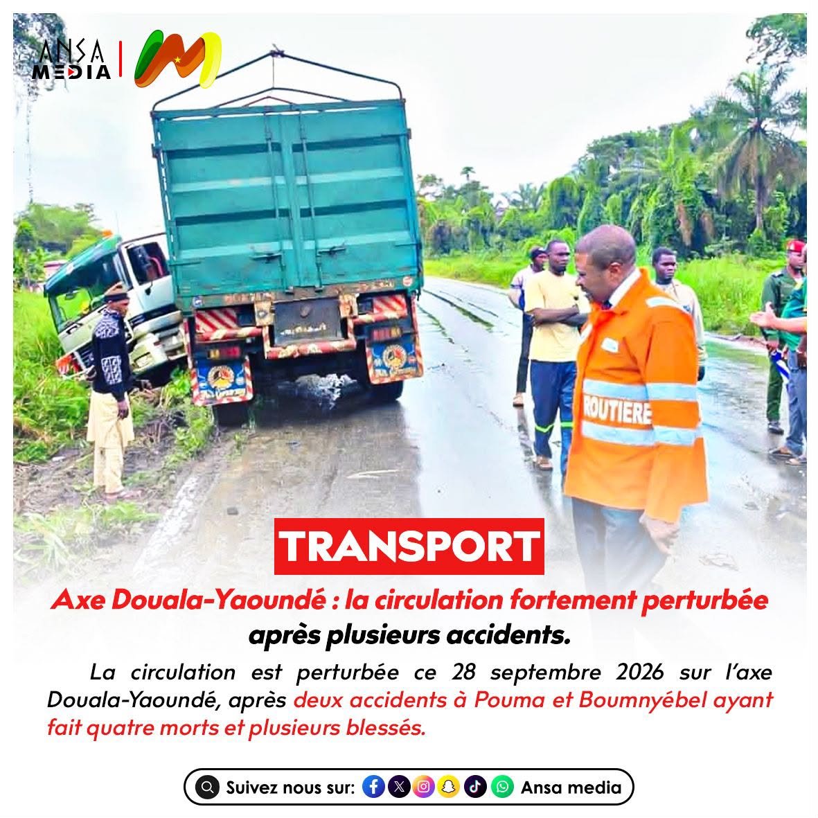 AnsaMedia237's tweet photo. Axe Douala-Yaoundé : la circulation fortement perturbée après plusieurs accidents.
https://t.co/U61nvvyffk
#AnsaMedia #Douala #Yaoundé #Boumnyébel #Pouma #Accident #Circulation #Cameroun https://t.co/rT8wdXgeal