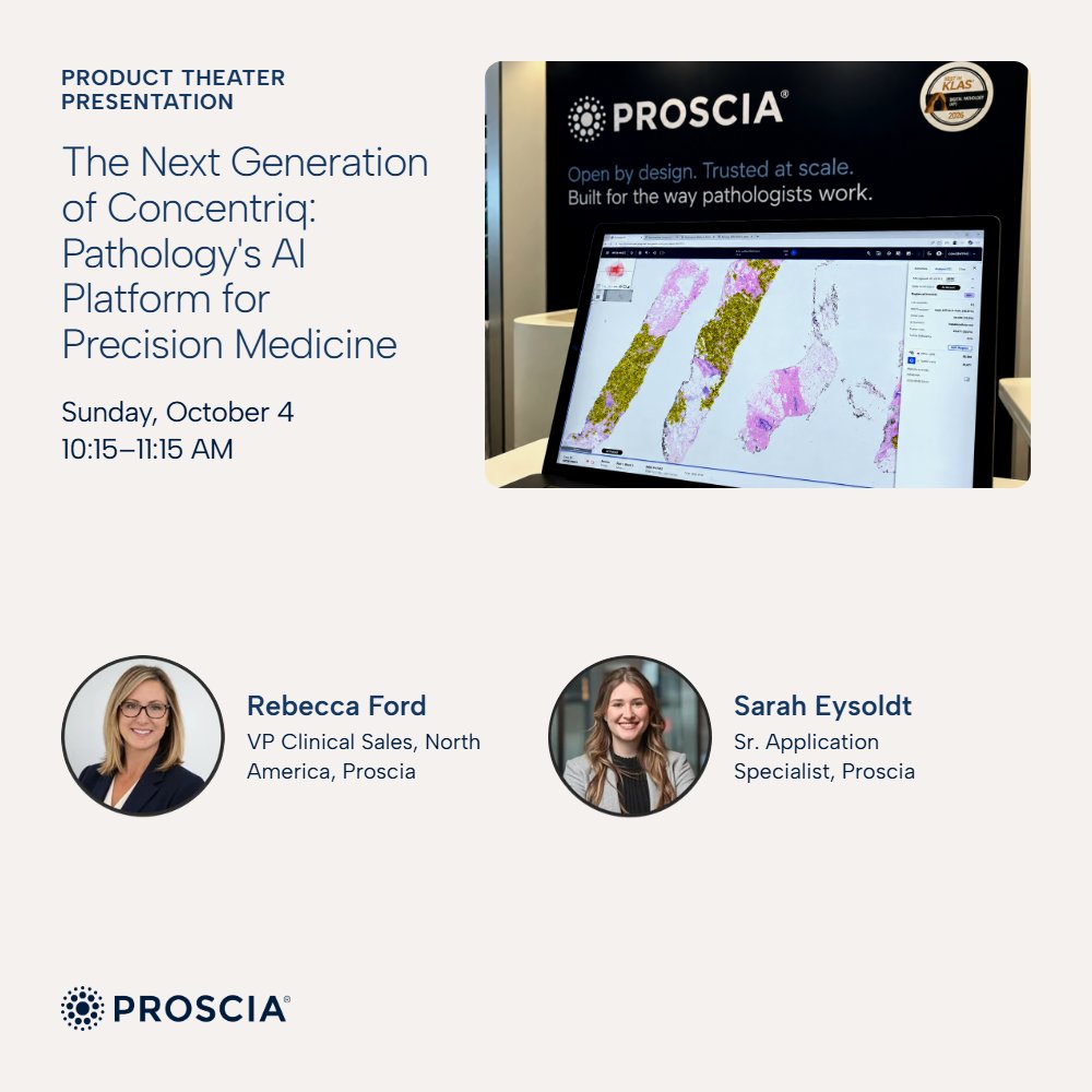 Proscia's tweet photo. CAP26 is in full swing, and we're betting big that you'll enjoy seeing why Concentriq is the platform that pathologists love. 

Today at 10:15 AM, join Rebecca Ford and Sarah Eysoldt in the Product Theater for a look at how Concentriq pairs the feel of glass with the intelligence of AI, helping you to meet your caseloads with speed and confidence.

Then, stop by our booth 118 or book a time to explore the pathology AI platform for yourself. https://t.co/46NzPRsLHd