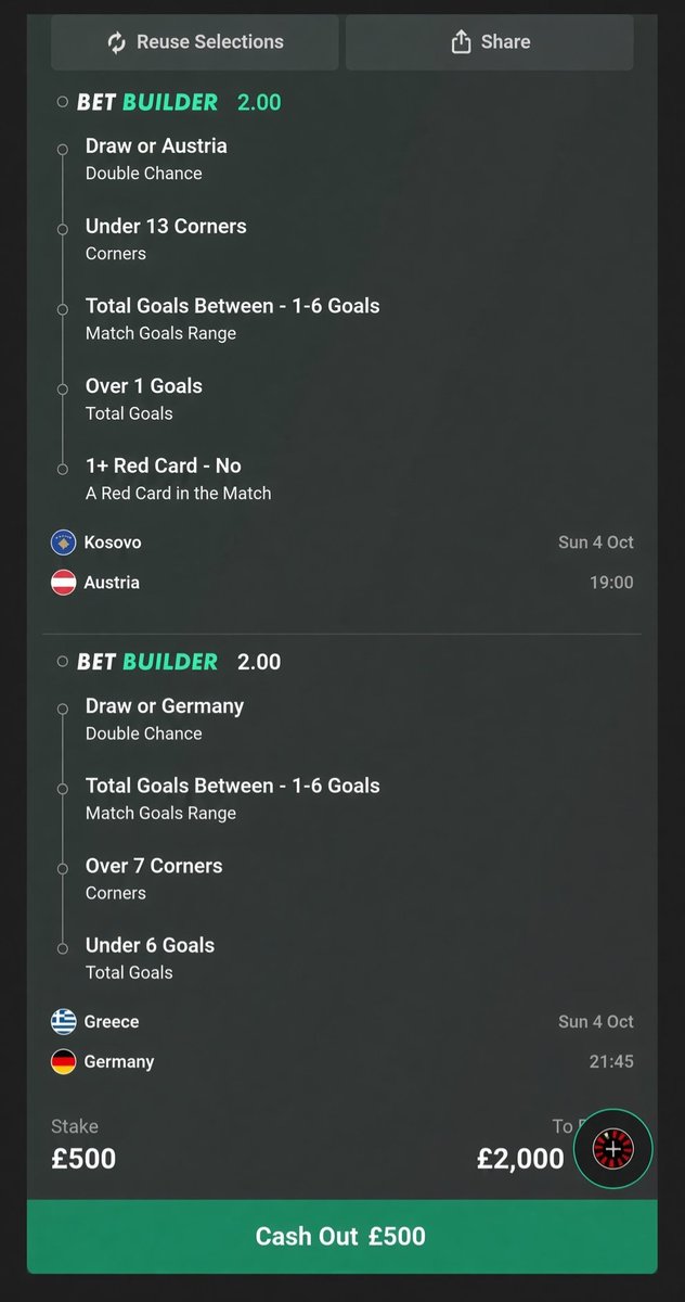 EliteProTips's tweet photo. ⚽ £500 TICKET LOCKED IN FOR TONIGHT! 🔥 

- Kosovo vs Austria → Draw/Austria + Under 13 Corners + Goals 1-6 + Over 1 Goal + No Red  
- Greece vs Germany → Draw/Germany + Goals 1-6 + Over 7 Corners + Under 6 Goals  

International night is stacked! 👀  
Bet Link: https://t.co/zhTTQjOg3o