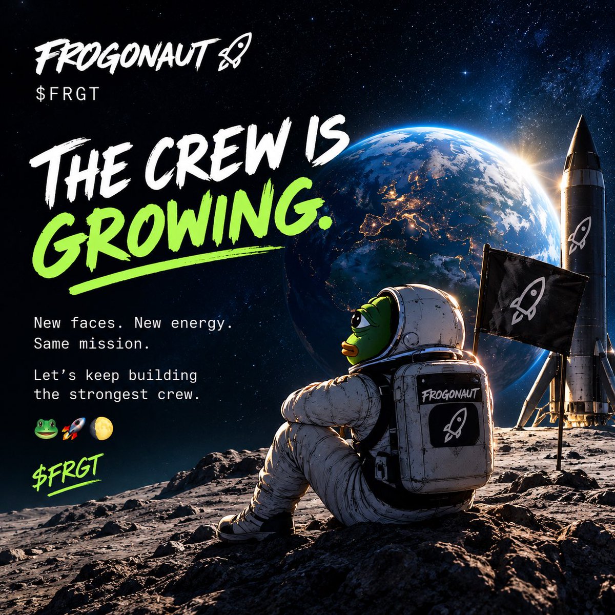 Frogonautssol's tweet photo. The crew is growing. 🐸🚀

New faces.
New energy.
Same mission. 🌕

Let’s keep building.

$FRGT

https://t.co/kcMofuxjul https://t.co/Qm51PdTQfZ