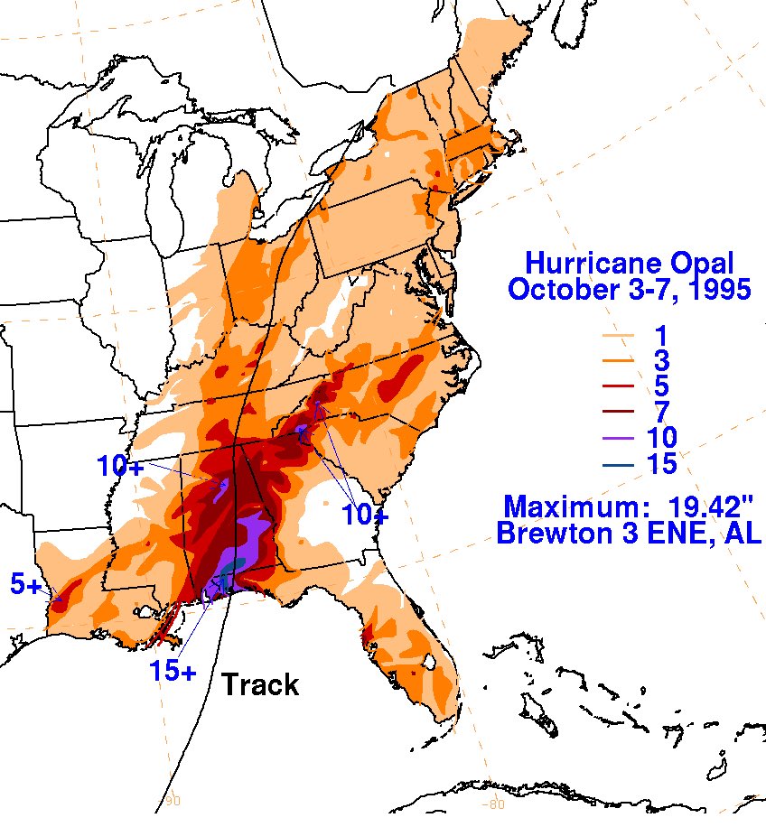 spann's tweet photo. ON THIS DATE IN 1995: Hurricane Opal slammed into the Gulf Coast at Pensacola at category three strength.

For forecasters and residents along the northern Gulf Coast, Opal became a frightening lesson in just how quickly a hurricane could change. On the evening of October 3, 1995, Opal was a Category 2 hurricane over the Gulf of Mexico with winds near 100 mph. By the following morning, it was undergoing rapid intensification, a dramatic increase in a hurricane’s wind speed over a short period, while accelerating toward the Florida Panhandle. Thousands who had expected a Category 2 hurricane suddenly faced the possibility of something far more dangerous, and late evacuations produced gridlock on highways leading away from the coast.

The numbers coming back from Air Force reconnaissance were extraordinary. Opal’s central pressure plunged to 916 millibars, and maximum sustained winds reached an estimated 150 mph, making it a powerful Category 4 hurricane just shy of Category 5 intensity. At the time, the 916-millibar pressure made Opal the most intense Atlantic hurricane ever observed during October. The extraordinary strengthening occurred while the hurricane was still hundreds of miles south-southwest of Pensacola.

Part of the explanation was beneath the storm. Opal crossed an unusually deep pool of very warm Gulf water, providing an abundant supply of ocean heat at a time when atmospheric conditions were also favorable for strengthening. Because the warm water extended well below the surface, Opal could churn the Gulf without quickly bringing colder water upward. Changes within the hurricane’s compact inner core also contributed to the explosive strengthening.

Just as remarkably, Opal then weakened almost as rapidly as it had strengthened. Its small inner eyewall collapsed as a larger outer eyewall became dominant, while the hurricane encountered less favorable conditions approaching the coast. By landfall near Pensacola Beach around 5 p.m., Opal had weakened to a Category 3 hurricane with maximum sustained winds near 115 mph and a central pressure of 942 millibars. Hurlburt Field near Mary Esther measured sustained winds near 84 mph and a peak gust of 144 mph, although that extreme gust has been considered questionable.

The weakening winds did not spare the coastline. Opal had already generated an enormous ocean response while it was a Category 4 hurricane offshore. Storm surge reached 15 feet from the Navarre Beach area eastward toward Destin, while tremendous breaking waves pushed water and debris even farther inland. Nearly 300 homes were destroyed, another 1,000 suffered major damage, and portions of Highway 399 and U.S. Highway 98 were washed away. The devastation demonstrated that the ocean does not immediately respond when a hurricane’s wind speed begins to fall.

Opal raced northward through Alabama, bringing destructive winds, falling trees, power outages, heavy rain, and tornadoes. Nine short-lived tornadoes were documented across six Alabama counties, mostly near and east of the storm’s track. About 2.6 million people in Alabama lost electricity, some for more than a week, and two people were killed in Gadsden when a massive oak tree fell onto their mobile home. Nine direct deaths occurred in the mainland United States, and total damage approached $3 billion. Opal became a lasting lesson in how quickly hurricane intensity can change.