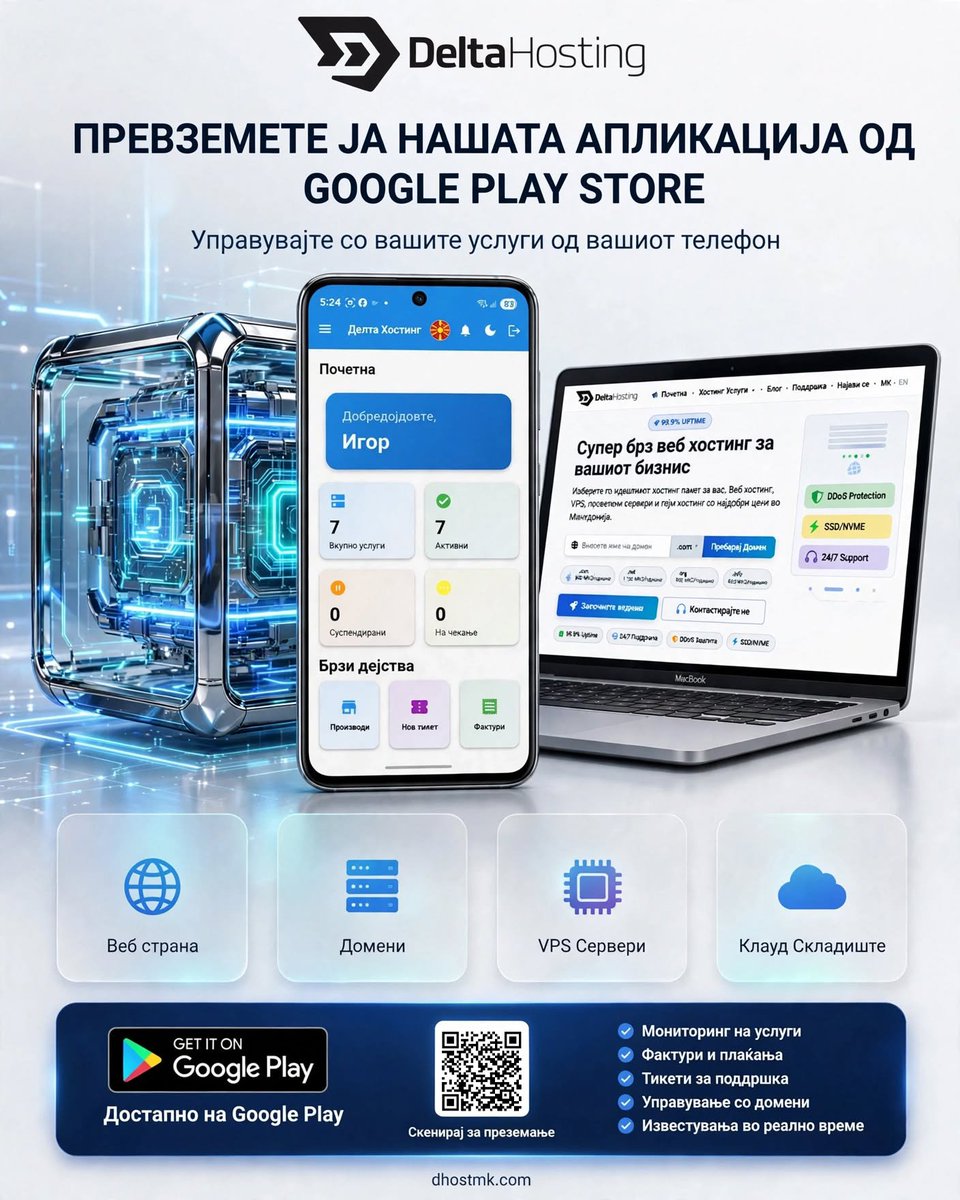 deltahostmk's tweet photo. 📱 ДЕЛТА ХОСТИНГ — СЕГА И НА ВАШИОТ АНДРОИД ТЕЛЕФОН

Вашите услуги секогаш со вас.
👉 Преземете ја апликацијата и имајте го Delta Hosting со вас, каде и да сте 
https://t.co/FqxfCUwL39 https://t.co/sx5pvpnzIL
