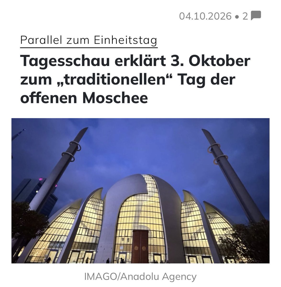 queru_lant's tweet photo. Die ARD-@tagesschau leistet ihren Beitrag zur „Islamisierung“ Deutschlands.

In der 20-Uhr-Ausgabe wurde der „Tag der offenen Moschee“ als deutsche Tradition dargestellt und mit dem Tag der Deutschen Einheit in Verbindung gebracht. Tatsächlich findet die Aktion der deutschen Muslimverbände bewusst am 3. Oktober statt.

18,36€