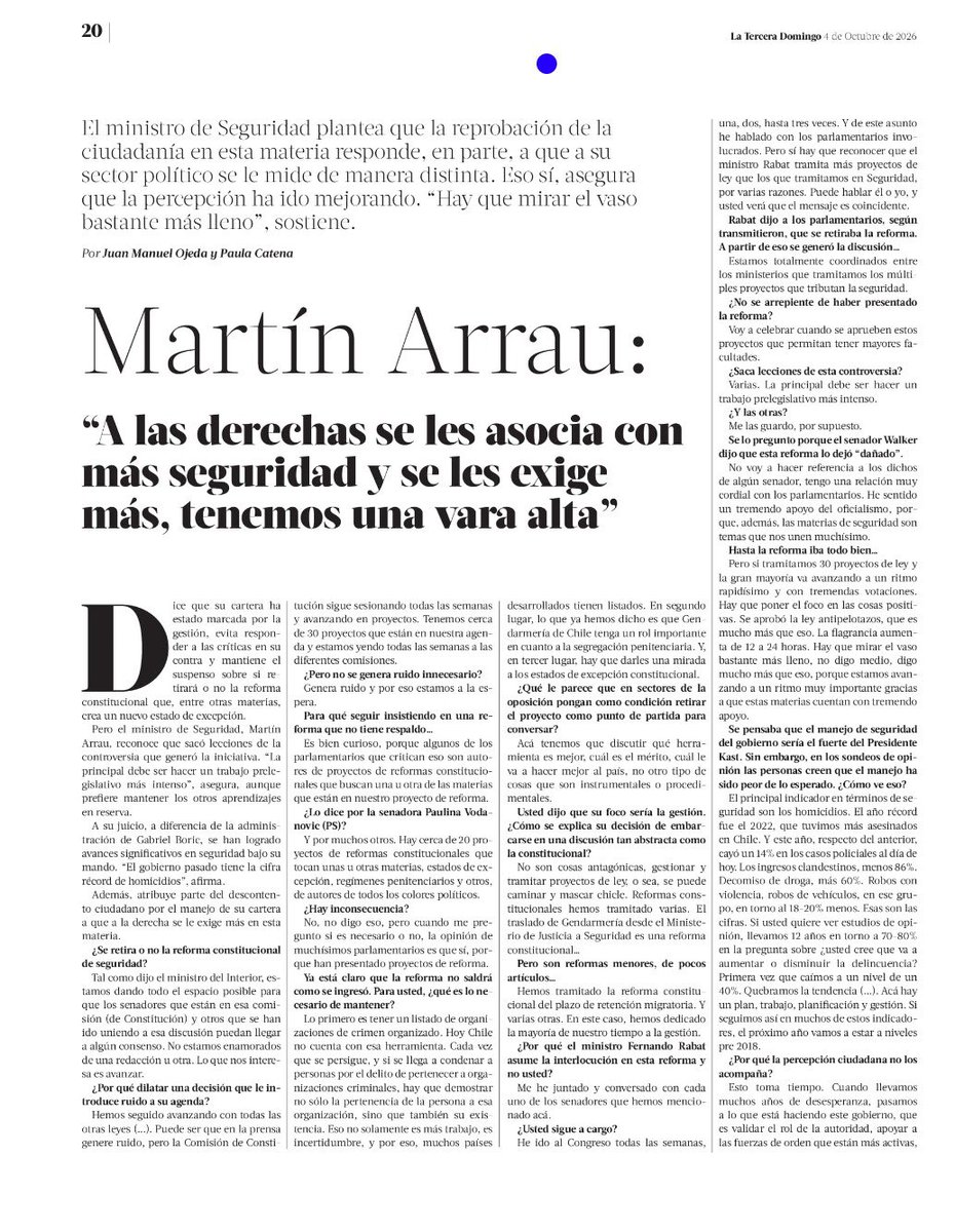 martinarrau's tweet photo. Hoy, en entrevista con La Tercera, conversamos sobre los avances que hemos logrado en seguridad, el trabajo que estamos impulsando y la agenda legislativa que permitirá seguir fortaleciendo las herramientas del Estado para enfrentar el crimen organizado y el terrorismo. https://t.co/xweAUTucUb