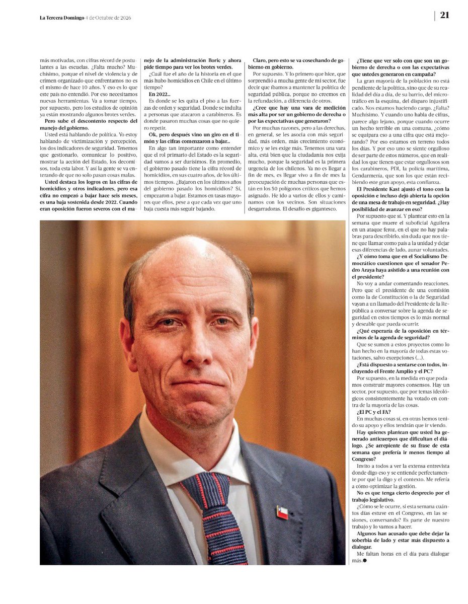 martinarrau's tweet photo. Hoy, en entrevista con La Tercera, conversamos sobre los avances que hemos logrado en seguridad, el trabajo que estamos impulsando y la agenda legislativa que permitirá seguir fortaleciendo las herramientas del Estado para enfrentar el crimen organizado y el terrorismo. https://t.co/xweAUTucUb