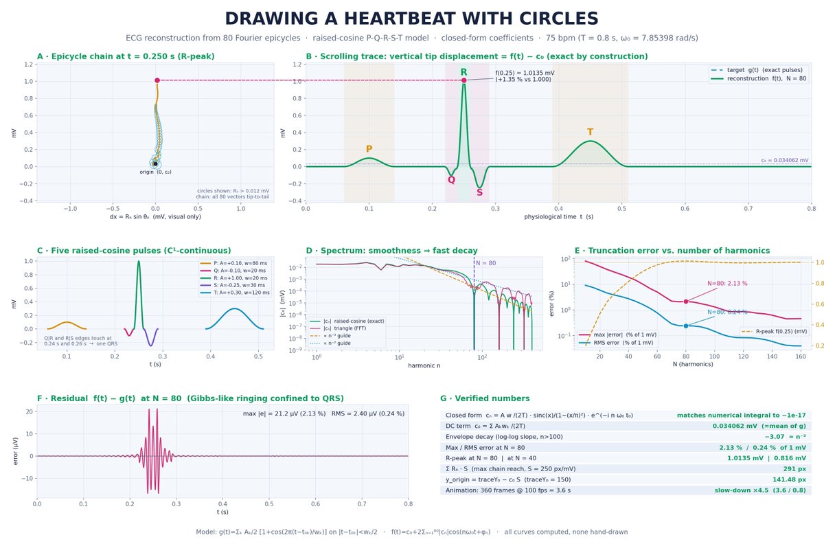 user_no707's tweet photo. A heartbeat, drawn entirely by circles

Any periodic signal can be rebuilt as a chain of rotating vectors or an epicycle. 

Here, 80 of them spin together and their tip traces out one full P-QRS-T cardiac cycle.

#Fourier
#ECG
#SignalProcessing
#Visualization https://t.co/XdIABmRqUE
