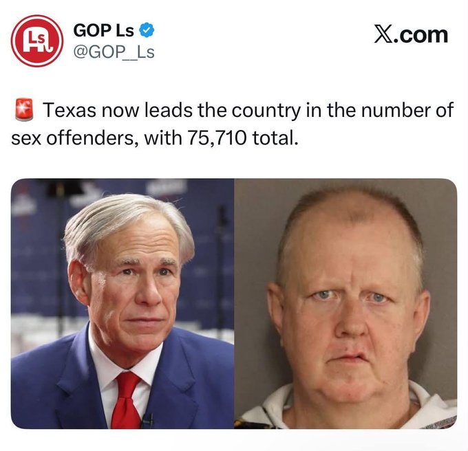 lisakrstin's tweet photo. #DemsUnited
Do you all remember when Abbott defended the extreme abortion law by saying that Texas would get rid of all the rapists?
How's that working out for you?
You're #41 in education, #48 in healthcare but you're #1 in sex offenders.
And you want to elect more of the same. https://t.co/aJe4k3wnxa