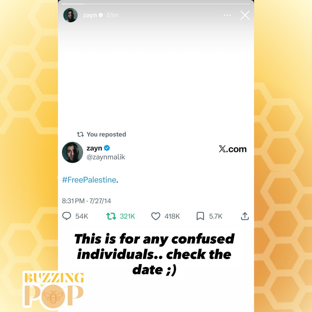 BuzzingPop's tweet photo. ZAYN reaffirms he’s been a longtime supporter of Palestine after being called a “fence-sitter” over his speech being compared to Ed Sheeran’s: 

“This is for any confused individuals… check the date ;).” https://t.co/R5QHNx2AEZ