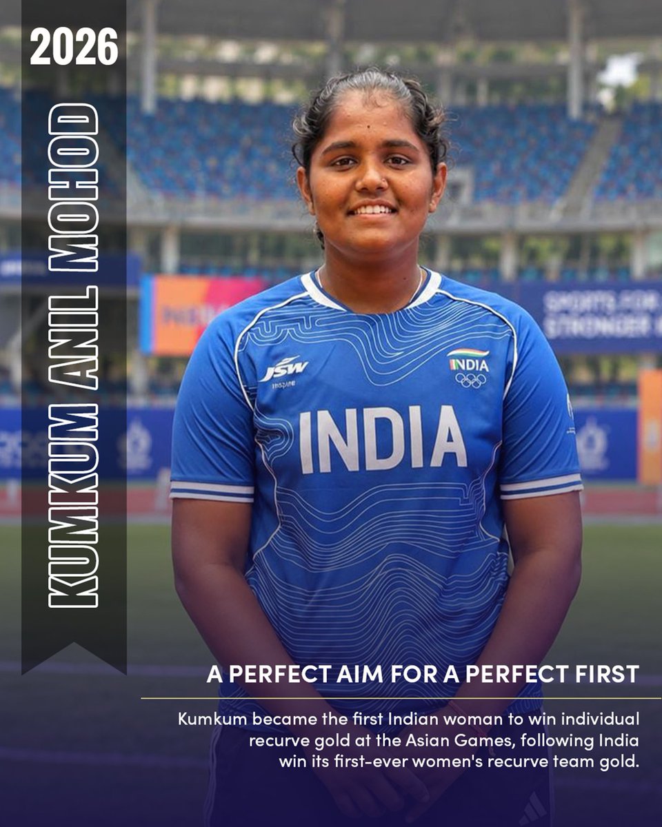 TribalAffairsIn's tweet photo. A historic individual triumph for Kumkum Anil Mohod. She became the first Indian woman to win Asian Games gold in individual recurve, following India’s maiden gold in the Women’s Recurve Team event.
#BharatSetsNewRecords #JJGD https://t.co/uSOQX7Ugtu
