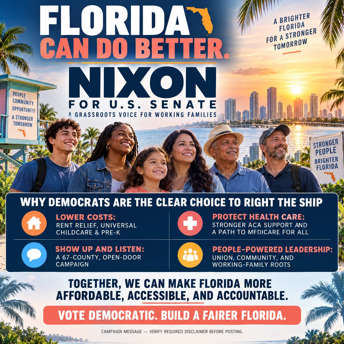 FucYourFeeFees's tweet photo. Florida needs a senator who shows up, listens, and fights for working families. Nixon’s campaign puts affordability, health care, childcare, and open conversations first. No more election deniers or canidates that use dark money, you deserve better,  Florida. #DarkArmada https://t.co/bfUBfDhVkC