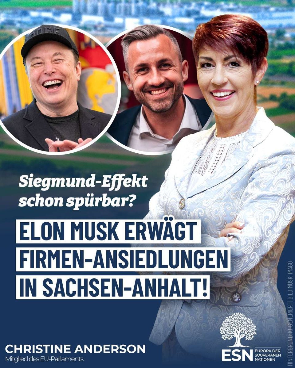 AndersonAfDMdEP's tweet photo. Hervorragende Entwicklung:
"Nach dem #AfD-Wahlsieg in #SachsenAnhalt gratulierte @elonmusk und erhielt von Spitzenkandidat @UlrichSiegmund das Angebot einer „starken und konstruktiven Kooperation“. Arbeitgeberpräsident Marco Langhof erklärt nun, dass es entsprechende Anfragen von Firmen von Elon Musk geben würde."
https://t.co/TtdVcC1nFl