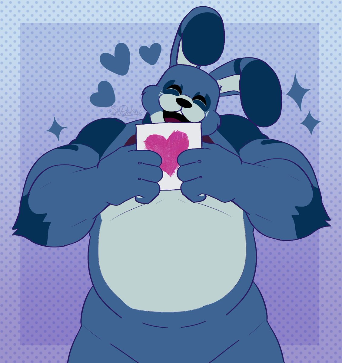 SirPumkiing's tweet photo. Bonnie loves you all!! I really liked how Fortnite added the FNAF characters. I think Bonnie with the heart-shaped paper drawing animation is just adorable, it's so cute! 

I hope you like my drawing of this chubby bunny https://t.co/FiTZ6WfKCX