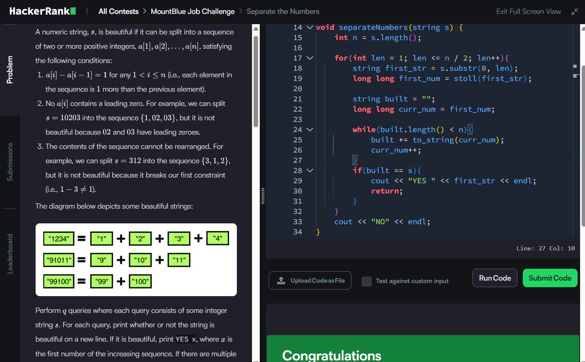 Muskanm_1227's tweet photo. Day 149/150 #150DaysOfCode | Daily DSA Practice β‘
1. Separate the Numbers: O(N^2) TC | O(N) SC
2. The Love-Letter Mystery: O(N) TC | O(1) SC
3. Halloween Sale: O(S/m) TC | O(1) SC
4. Maximum Perimeter Triangle: O(N log N) TC | O(1) SC
#DSA #HackerRank #Cpp #Coding #Assessment https://t.co/88d26lXNFb