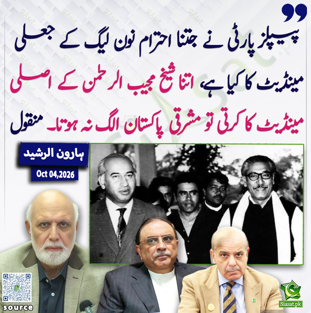 siasatpk's tweet photo. پیپلز پارٹی نے جتنا احترام نون لیگ کے جعلی مینڈیٹ کا کیا ہے، اتنا شیخ مجیب الرحمٰن کے اصلی مینڈیٹ کا کرتی تو مشرقی پاکستان الگ نہ ہوتا۔ منقول : ہارون رشید

@haroon_natamam

خبر کا ذریعہ جاننے کے لیے QR Code Scan کریں 
 #Pakistan https://t.co/Cp49kU3fc0