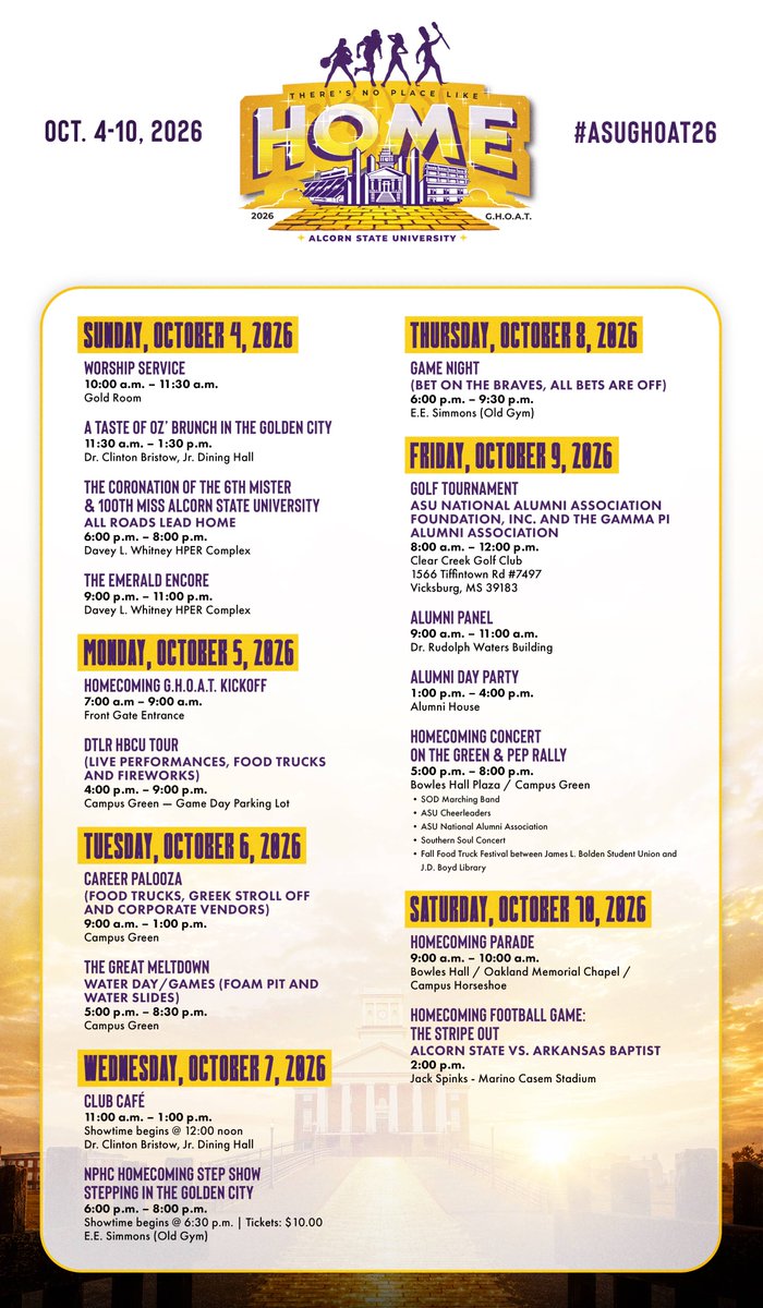 AlcornStateU's tweet photo. Homecoming Week begins now with Chapel Service at 10 a.m. in the Gold Room. The 100th Miss Alcorn coronation, concerts, football, and everything that makes #ASUGHOAT26 legendary. There's no place like home. See you on the yard! Read more: https://t.co/wSYp0RZCnU https://t.co/pkJ4HY48ft