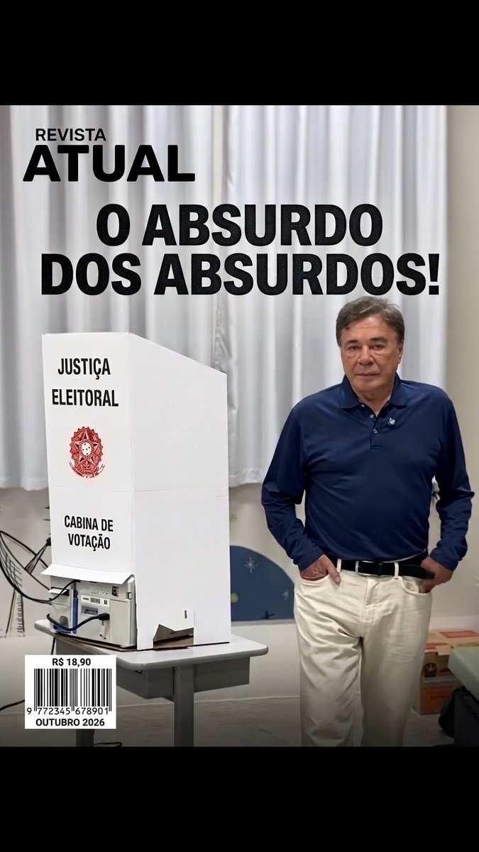 A magazine cover for 'Revista Atual' titled 'O ABSURDO DOS ABSURDOS!' featuring a man in a blue shirt standing next to a Brazilian voting booth labeled 'JUSTIÇA ELEITORAL' and 'CABINA DE VOTAÇÃO', priced at R$ 18,90 for October 2026.