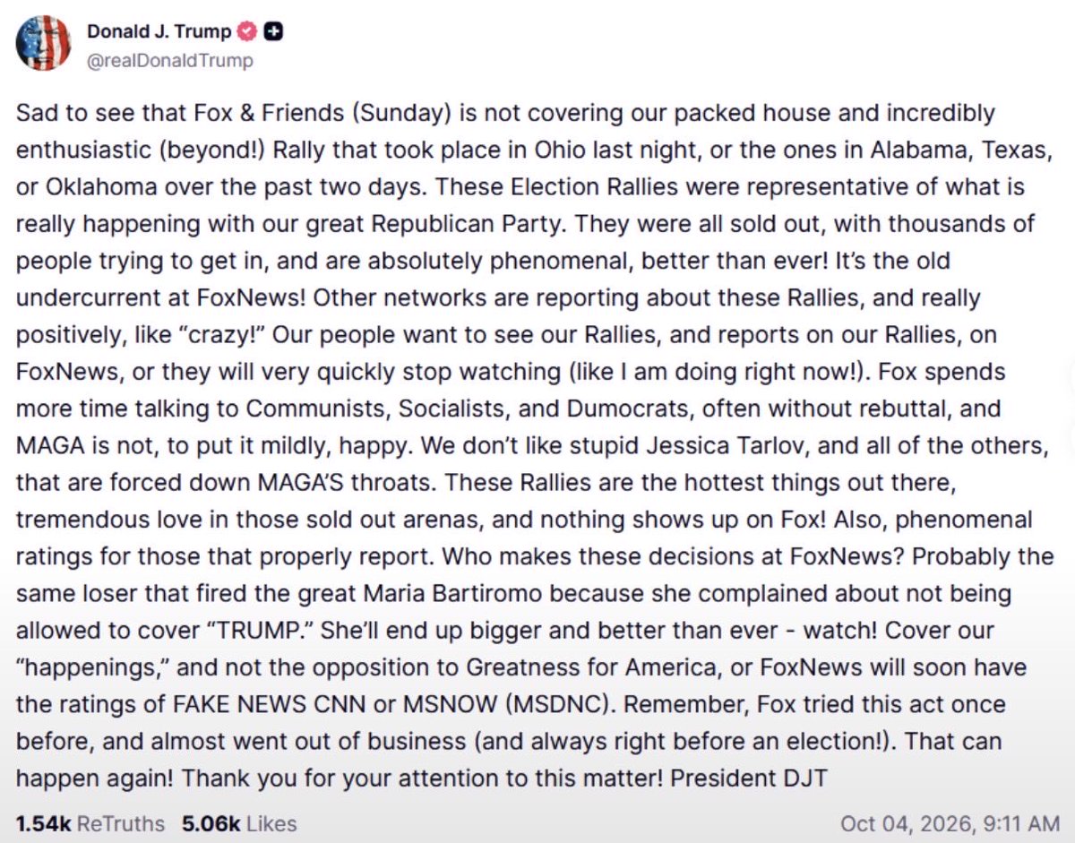 RealAmVoice's tweet photo. TRUMP ERUPTS ON FOX NEWS OVER RALLY COVERAGE

@POTUS blasts Fox for not covering his recent rallies in Ohio, Alabama, Texas and Oklahoma—and warns MAGA viewers could walk away.

“Who makes these decisions at FoxNews? … That can happen again!” https://t.co/tIvLQPwAQI