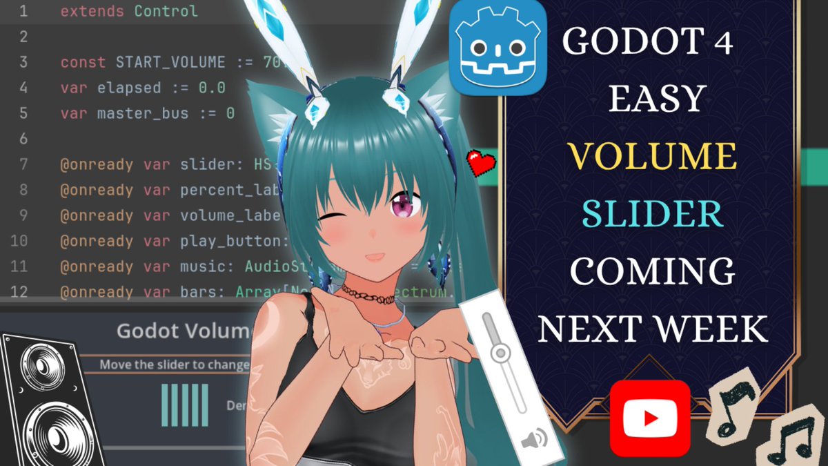 MiaCodeEx's tweet photo. Coming next week: Create a Volume Slider in Godot 4! 

~Hii my dear code adventurers! A free, beginner-friendly tutorial is on its way! Follow me on YouTube for more: https://t.co/QCc5TONkXn

~Have a meoww-Blessed Sunday! 🌞
#Godot #IndieGameDev #GodotTutorial #Vtuber https://t.co/xPKgmftkva