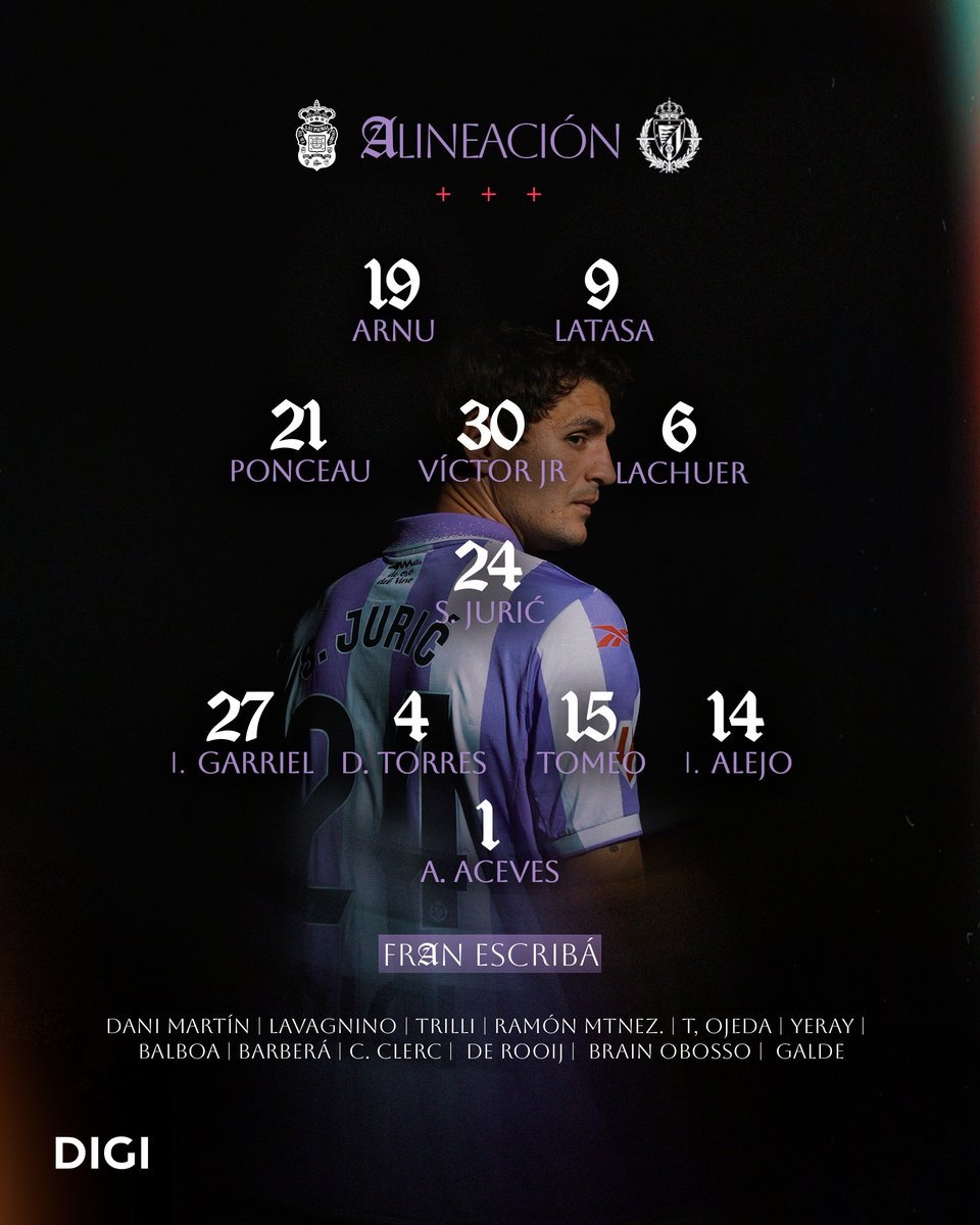 realvalladolid's tweet photo. ONCE ▪ 1️⃣1️⃣
Nuestra alineación para #LasPalmasRealValladolid https://t.co/S3cmFEYEVS