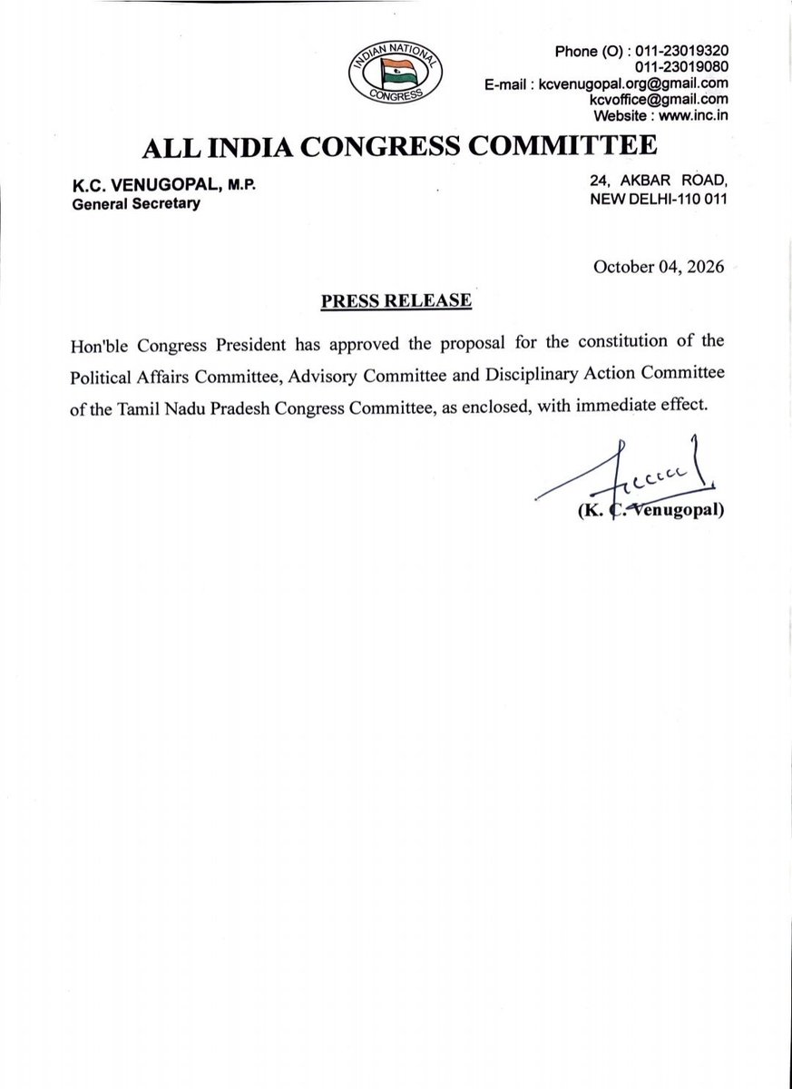 GAMIR_INC's tweet photo. I sincerely thank Smt. Sonia Gandhi ji, CPP Chairperson; Shri Mallikarjun @kharge ji, AICC President; Shri @RahulGandhi ji, Leader of the Opposition in the Lok Sabha; and Shri @kcvenugopalmp ji, AICC General Secretary (Organisation) for approving the constitution of the Political Affairs Committee, Advisory Committee and Disciplinary Action Committee of the Tamil Nadu Pradesh Congress Committee.

I am grateful for their continued guidance and support. This initiative will further strengthen the organisation and enhance coordination within the party in Tamil Nadu.

#Congress @INCTamilNadu @INCIndia #OrganisationalStrength