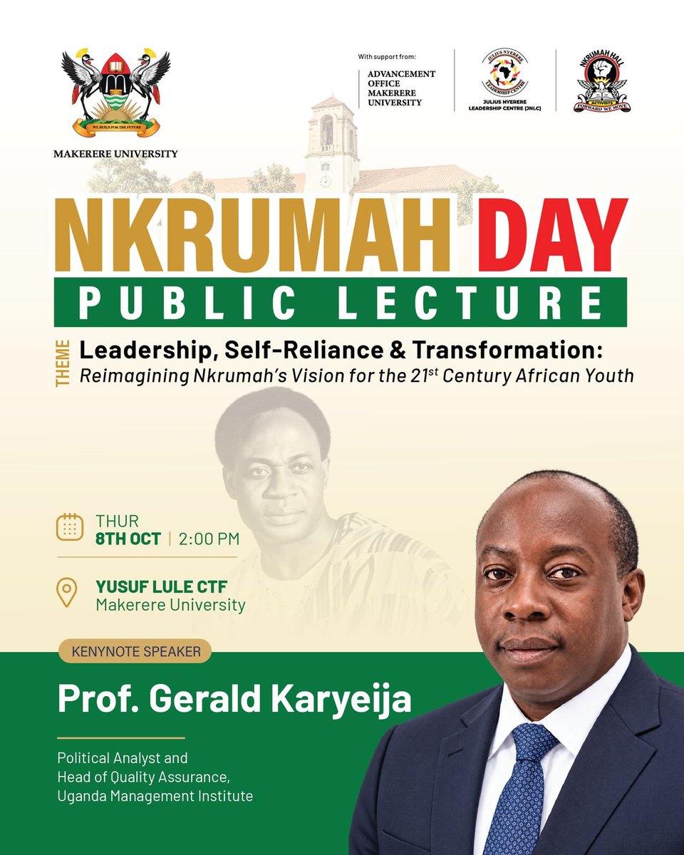 kadondigracious's tweet photo. How do we reimagine Nkrumah’s vision for today's generation? Africa's youth are taking center stage at this year’s Nkrumah Day Public Lecture.
  
​📍 Yusuf Lule CTF, Makerere University
📅 Thursday, Oct 8th | 2:00 PM
  
​Don't miss out! 
​#NkrumahDay #AfricanYouth #Makerere https://t.co/MPltnJvjIK