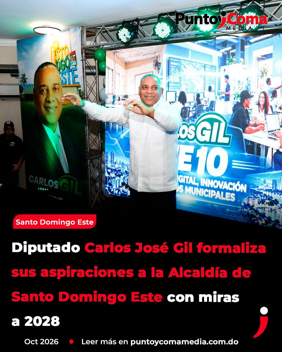 punt0ycomamedia's tweet photo. El diputado por la Fuerza del Pueblo, Carlos José Gil, hizo oficial su aspiración a la Alcaldía de Santo Domingo Este para las elecciones municipales de 2028. Durante un encuentro masivo en el municipio, el legislador presentó sus prioridades enfocadas en la recolección de desechos, el ordenamiento urbano, el desarrollo turístico y el fortalecimiento de la inversión local, al tiempo que cuestionó la gestión del actual alcalde Dío Astacio.

Para ampliar esta y otras noticias, visite: https://t.co/vAxWWDedC4

#SantoDomingoEste #FuerzaDelPueblo #PoliticaRD #Nacionales #PuntoYComaMedia