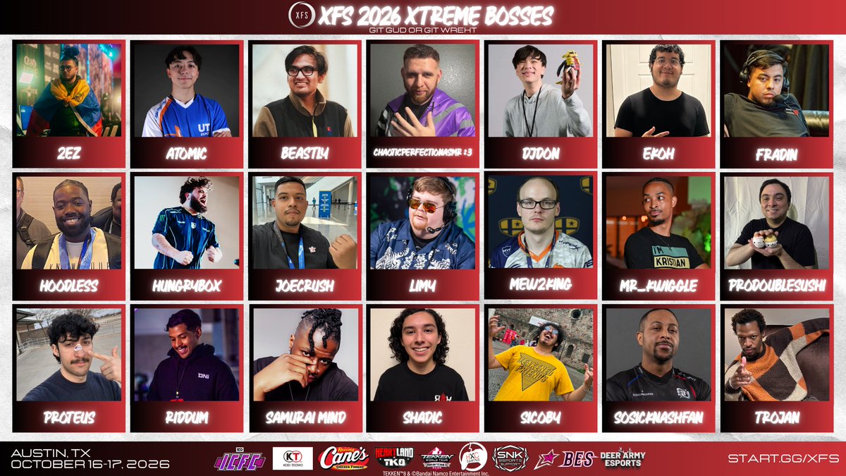xfshowdown's tweet photo. The Xtreme Boss line-up for #XFS2026 is STACKED! 👀🔥

Avatar Legends - @ProDoubleSushi & @Proteus_XXI 

Dead or Alive 6: Last Round - @ihoodless , @Mr_Kwiggle & @killyxx 

MARVEL Tokon / 2XKO - @2eZMK 

Smash Melee - @LiquidHbox & @MVG_Mew2King 

Smash Ultimate - @AtomicSsb , @SHADIC_ , @imDJDon , @KH_LouieC & @BeastlyDFW 

TEKKEN 8 ( #TWT2026 Dojo) - @JoeCrush_ , @Riddum_Enjoyer , @SneekySyndicate , @fradin1_ , @ChaoticPerfe & @TrojanKP3 

VF5 R.E.V.O. World Stage - @LimyPorcupine 

Most Xtreme Bosses will be available for FT5 Exhibition sets & anyone can openly challenge them. The schedule will be released shortly after extended competitor registration closes (in 9 days), so stay tuned for more info! #FGC