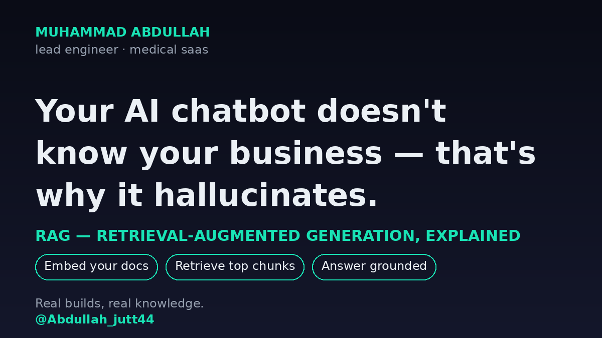 Abdullah_jutt44's tweet photo. Your AI chatbot doesn't know your business — that's why it hallucinates.

RAG (retrieval-augmented generation): search YOUR docs first, answer from them.

Pro: grounded answers. Con: bad retrieval = bad answers.

Is your product's AI reading your data, or guessing? https://t.co/qaXt5TAlUz