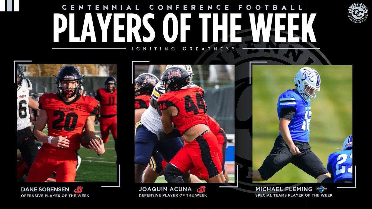 CentennialConf's tweet photo. 🏈 FB | PLAYERS OF THE WEEK

Offensive: @DCRedDevilFB Dane Sorensen
Defensive: @DCRedDevilFB Joaquin Acuna
Special Teams: @FandMFootball Michael Fleming

📰 https://t.co/qTyZqFmwlb

#IgnitingGreatness #CentConf #CCfb #d3fb https://t.co/cJolpHzrnh